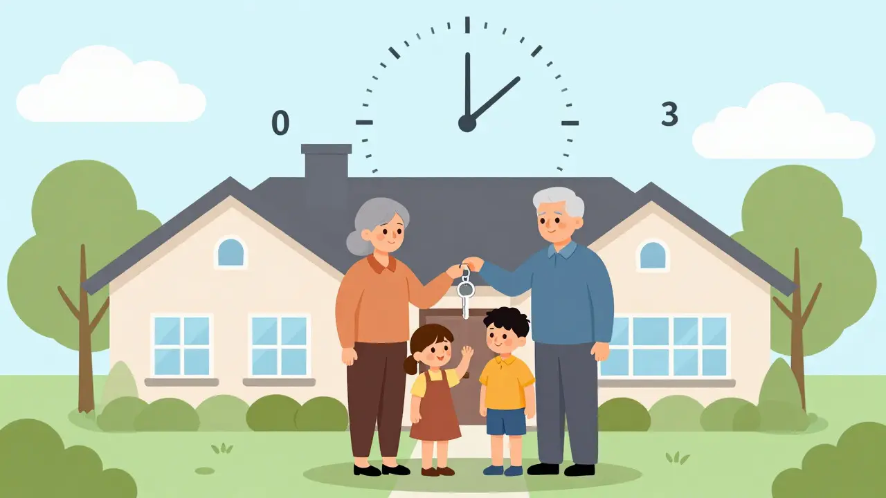 Family receiving house keys with abstract clock symbols above