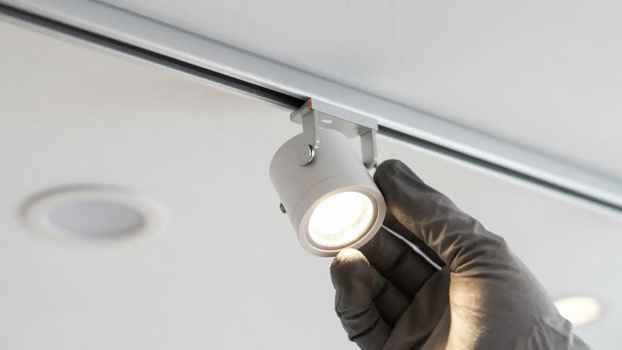 Hand adjusting a spotlight on a magnetic ceiling track rail