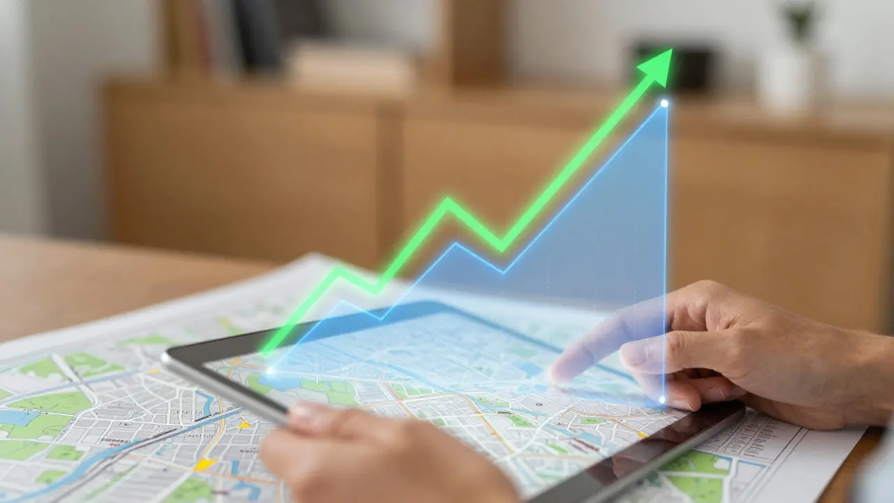 Hands analyzing abstract real estate growth data over a city map