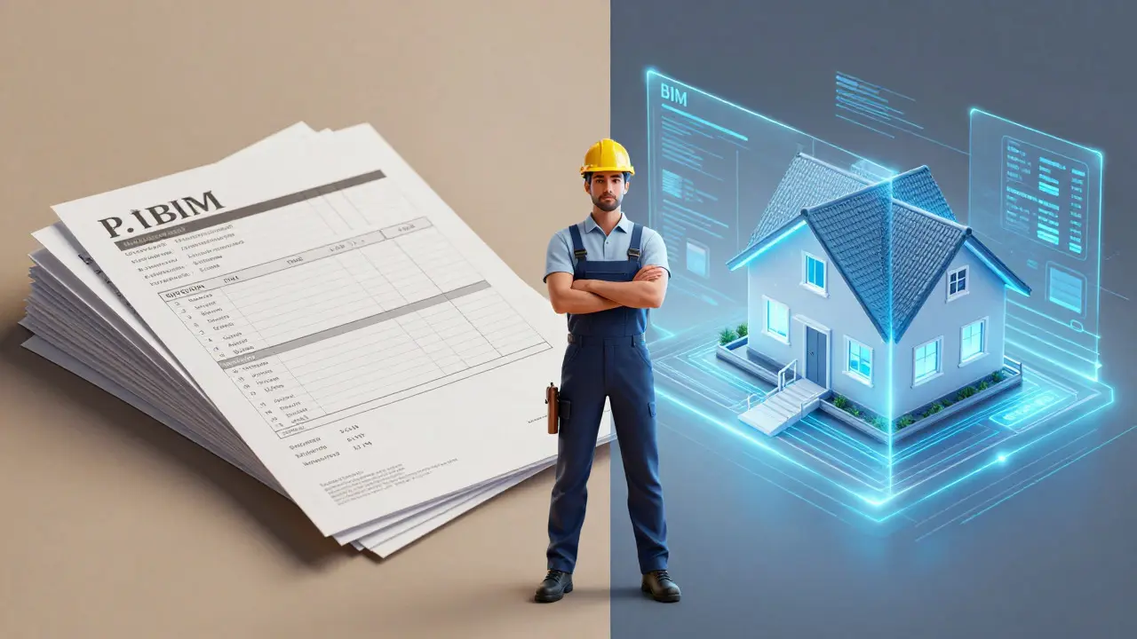 Kontrast mezi tradičními účty a digitálním 3D modelem domu