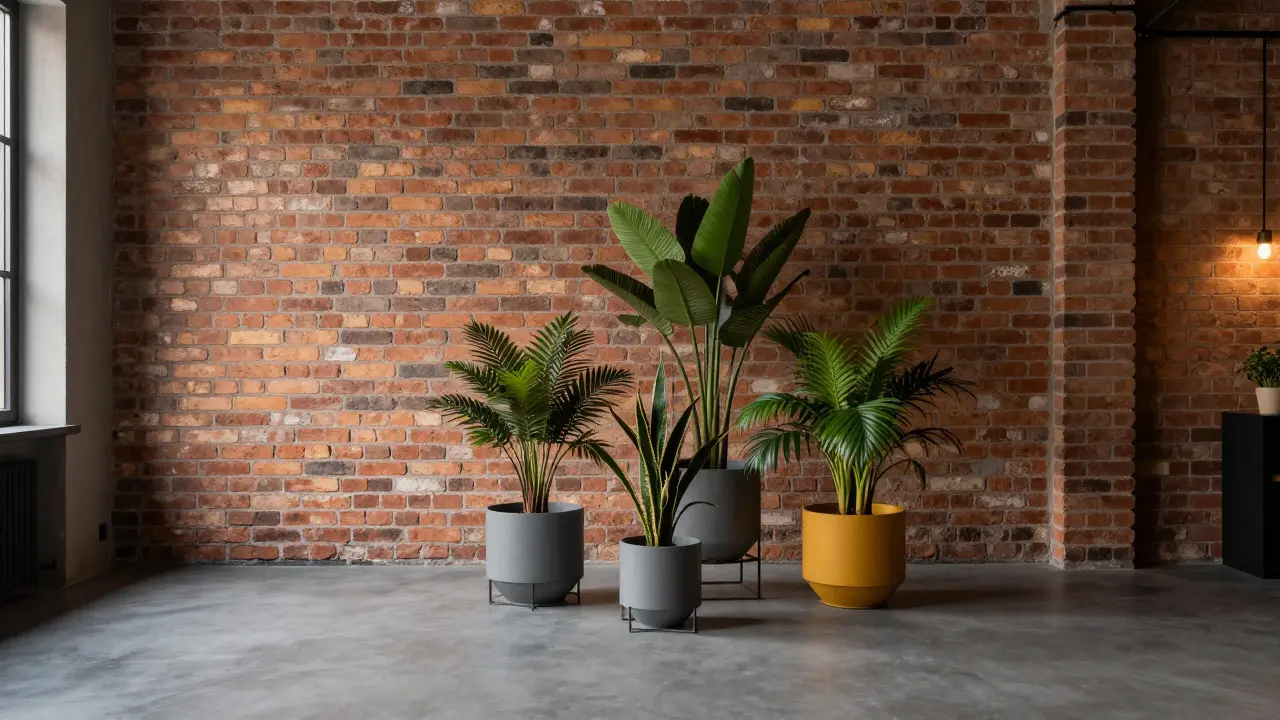 Moderní loft s rostlinami v šedých a žlutých květináčích podle pravidla barev