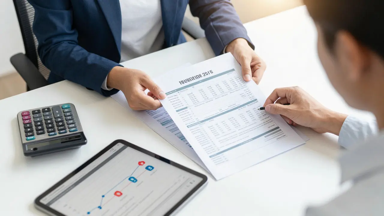 Person reviewing financial papers with relief at a desk