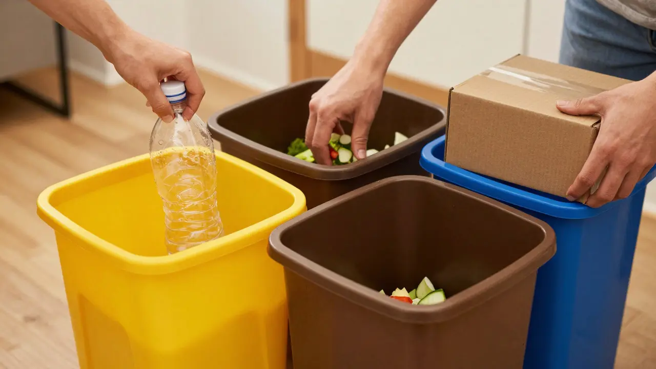 Ruce třídící čistý plast, bioodpad a karton do barevných kontejnerů