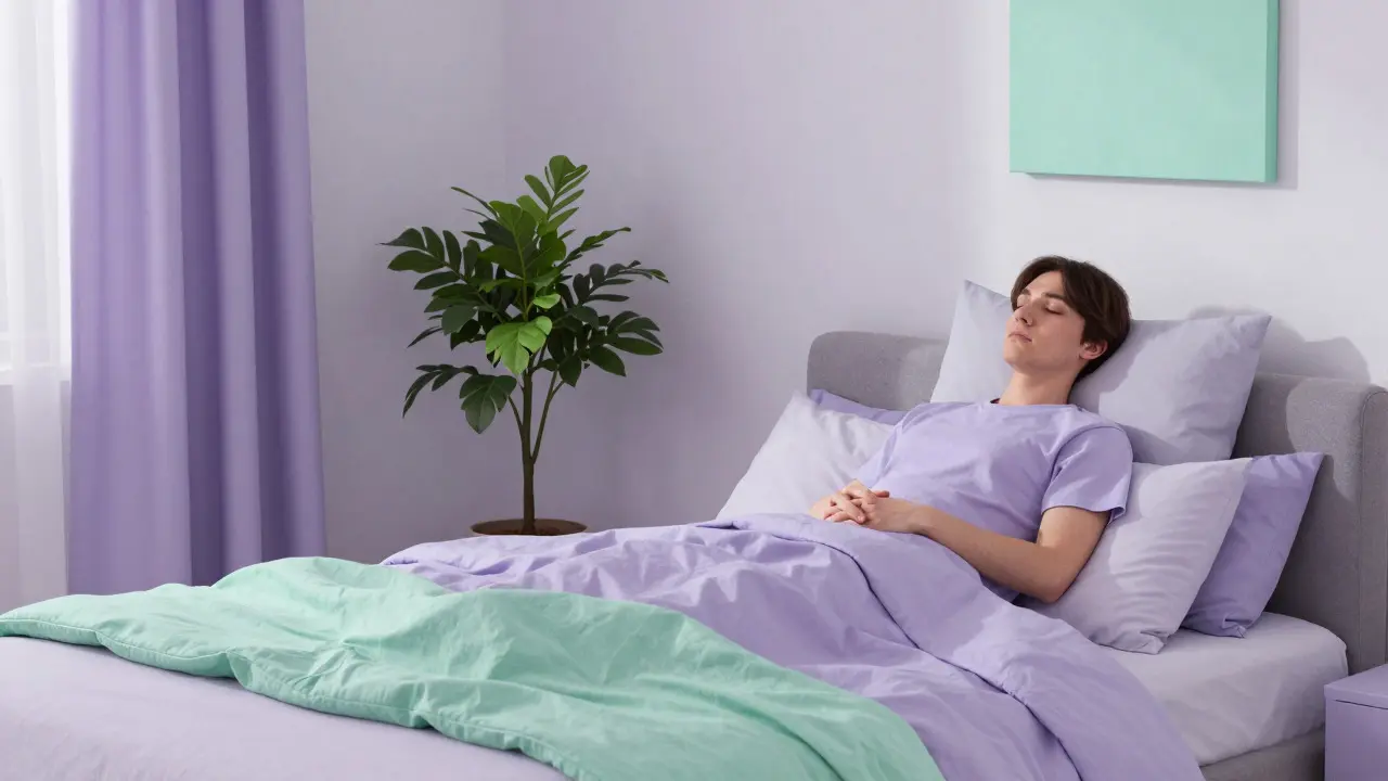 Serene bedroom with lavender and mint accents promoting relaxation