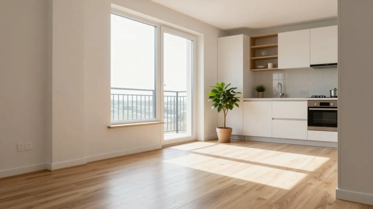 Sunlit interior of a modern, renovated apartment with wooden floors