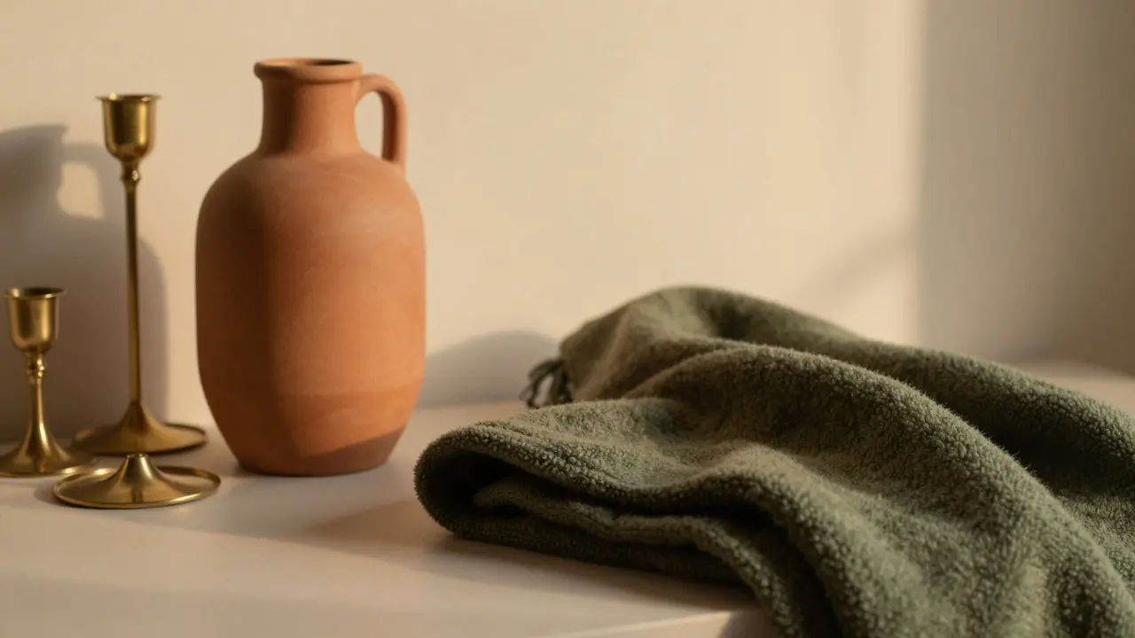 Terracotta vase and olive green textile on a neutral surface