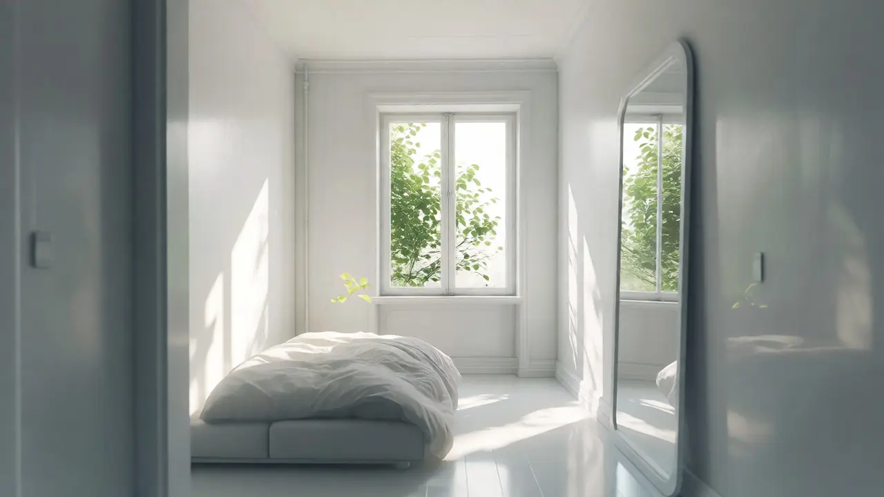 Bright bedroom with mirror reflecting window and clear walkway