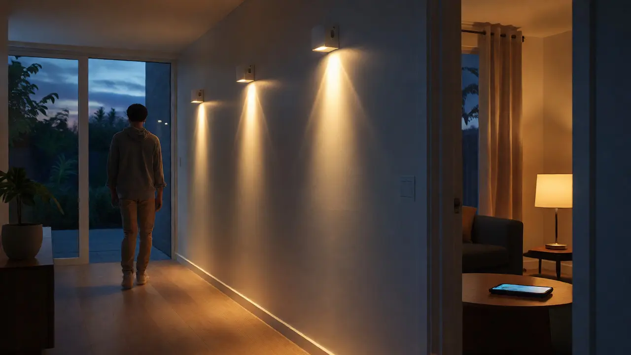 Chodba s automatickým LED osvětlením aktivovaným pohybem při soumraku.