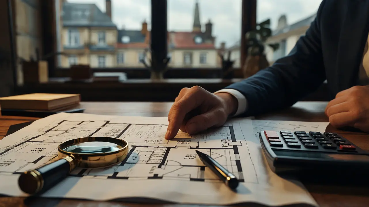 Detail analytického stolu s plány a nástroji pro ruční ocenění nemovitosti.
