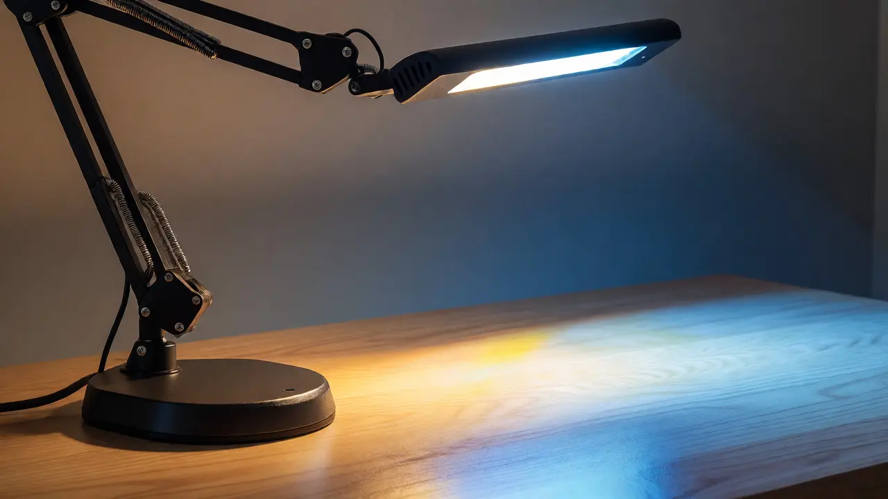 Detail LED stolní lampy s nastavitelným světlem na dřevěném stole