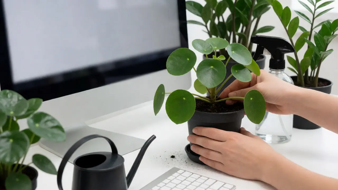 Hands checking soil moisture of a small houseplant on a clean office desk.