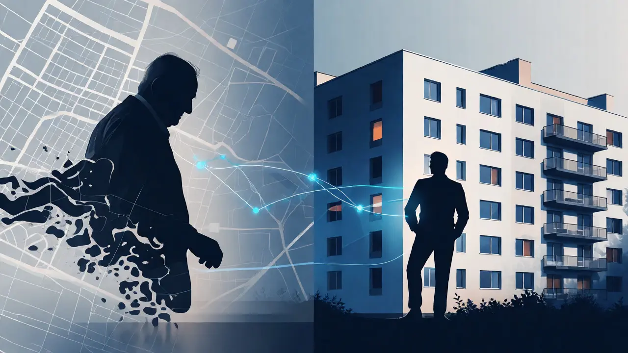 Konceptuální ilustrace přechodu vlastnictví nemovitosti od zesnulého k dědici s digitálním propojením.
