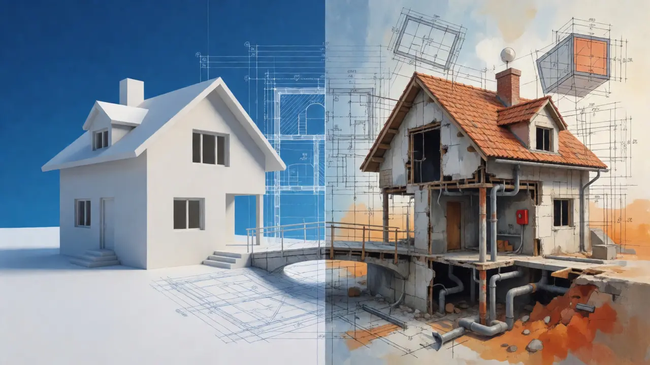 Konceptuální porovnání jednoduchého projektu pro povolení a složité realizace stavby.
