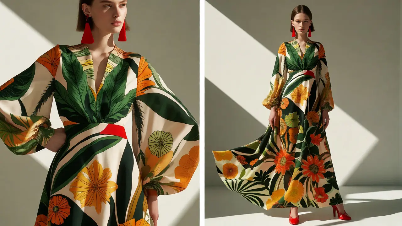 Modelka v šatech s oversized botanickým vzorem a červeným doplňkem
