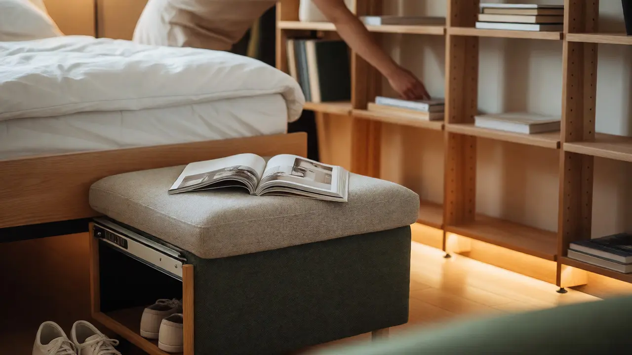 Multifunctional ottoman and vertical shelving in small apartment