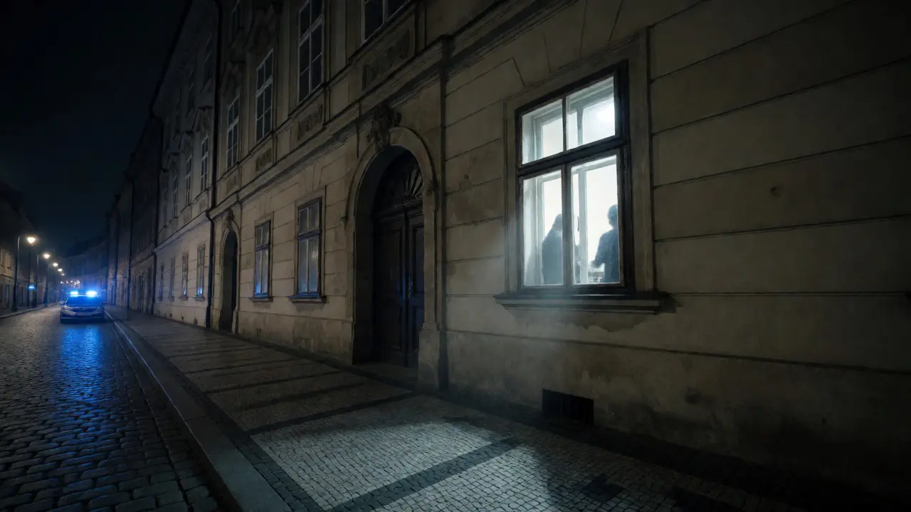 Noční pohled na historickou fasádu domu v Praze s rozsvíceným oknem.