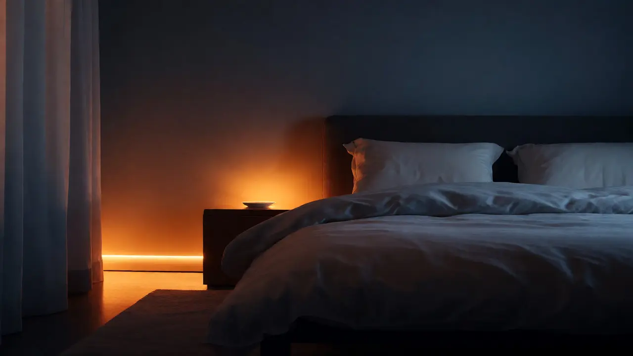 Noční scéna ložnice s tlumeným chytrým osvětlením pro lepší spánek