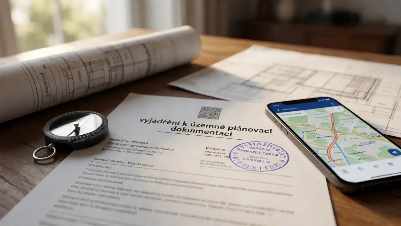 Oficiální vyjádření stavebního úřadu a plány na stole při prověřování pozemku