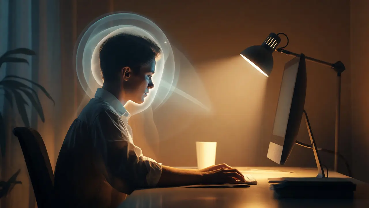 Osoba pracující u stolu s ergonomickým osvětlením pro pohodlí očí