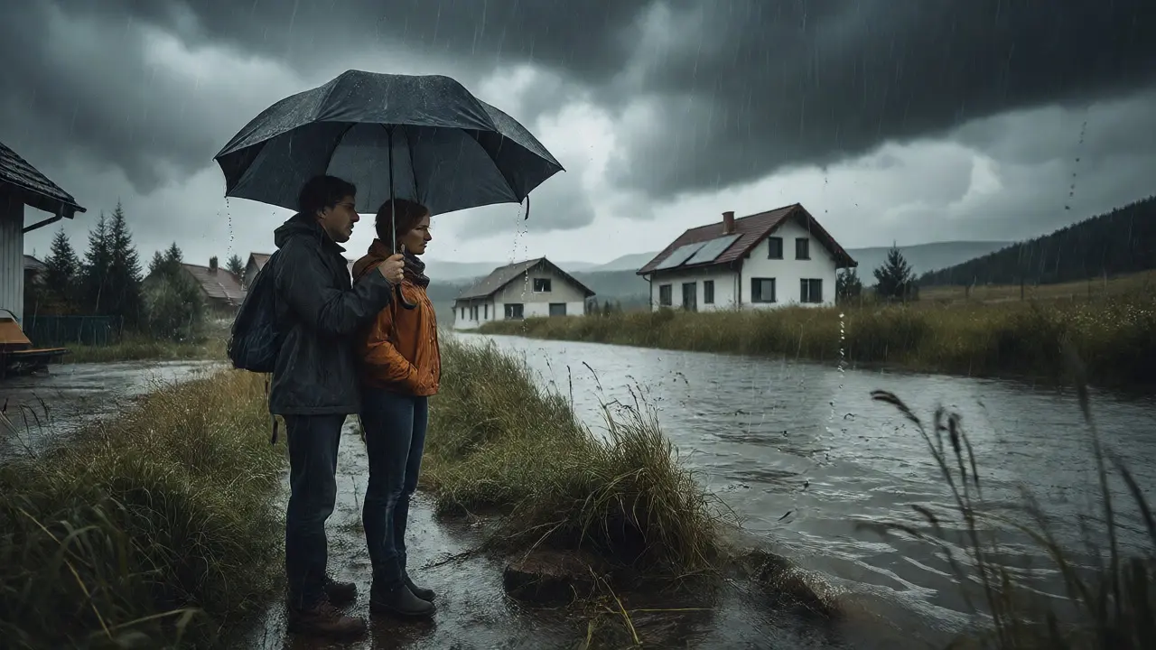 Pár kontroluje stav pozemku u vody během silného deště