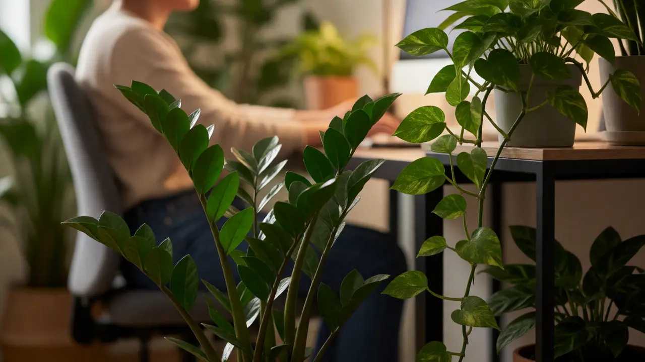 Relaxed person working at a desk surrounded by ZZ Plants and Pothos vines.