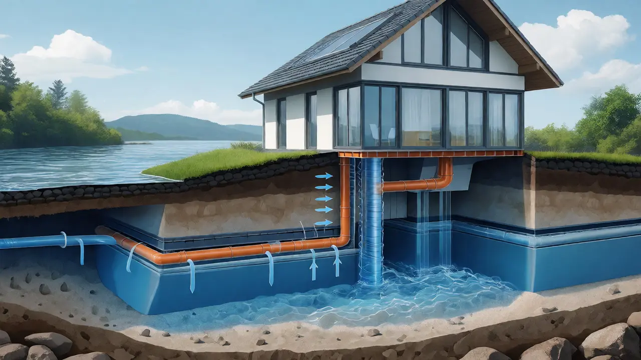 Řez základy domu ukazující hydroizolaci a drenážní systém
