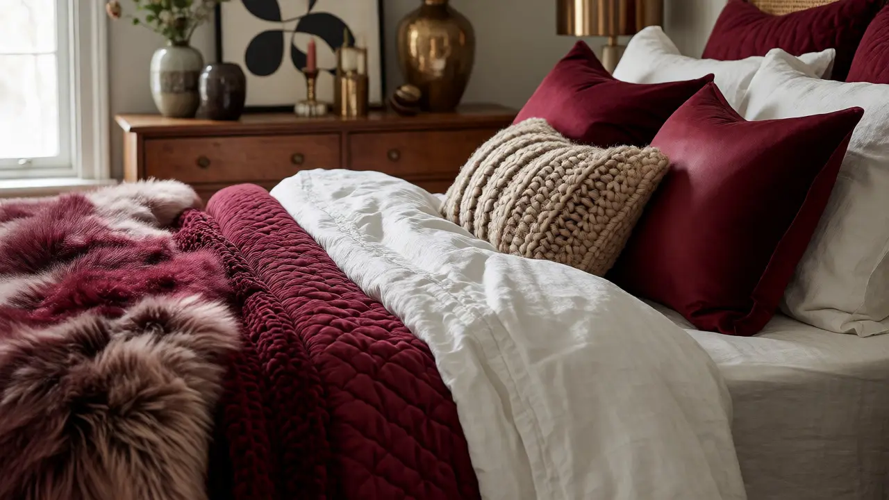 Bedroom close-up showing layered textures of velvet, wool, and silk