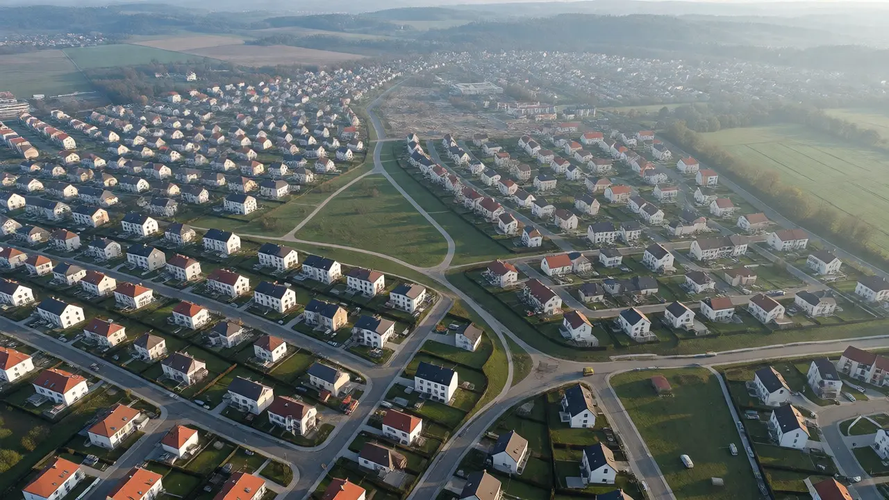 Letecký pohled na rozvíjející se developerskou zónu v ČR