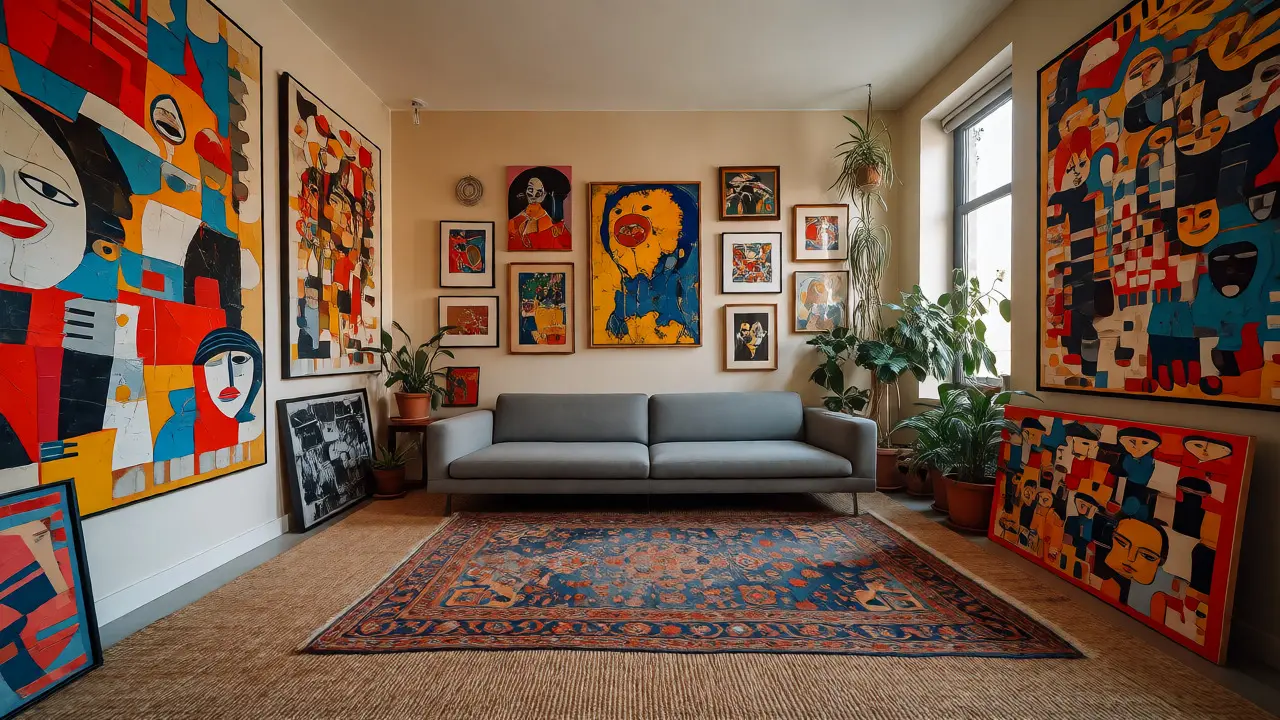 Modern sofa surrounded by vibrant art and layered rugs