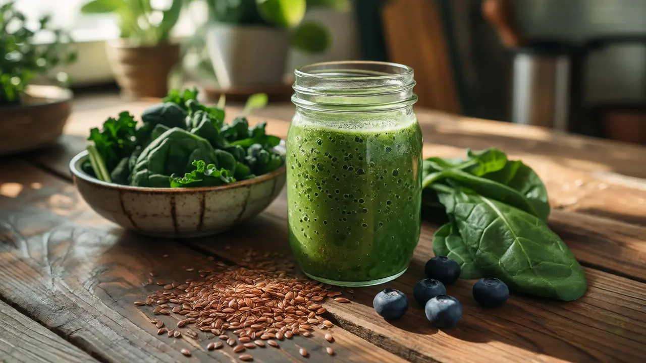 Sklenice se zeleným smoothie s čerstvým špenátem a lněnými semínky