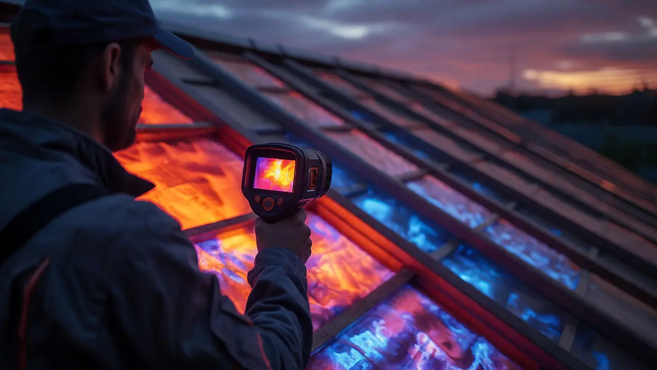 Technik používá termokameru k detekci skryté vlhkosti na střeše